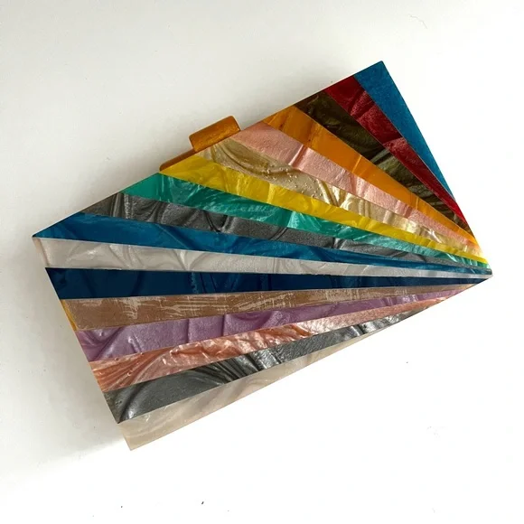 Wood Acrylic Inlay Box Purse Clutch Rainbow Sunburst Design Gold Chain Strap - Picture 4 of 7